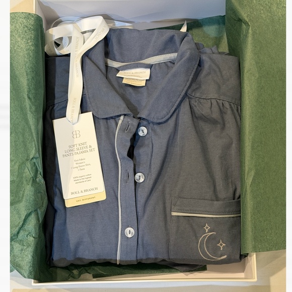 New Boll & Branch Soft Knit Long Sleeve Top & Pants Pajama Set in Mist Wmns Sm